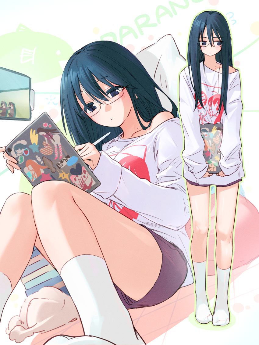1girl, absurdres, blanket, blue_eyes, blue_hair, book, book_stack, closed_mouth