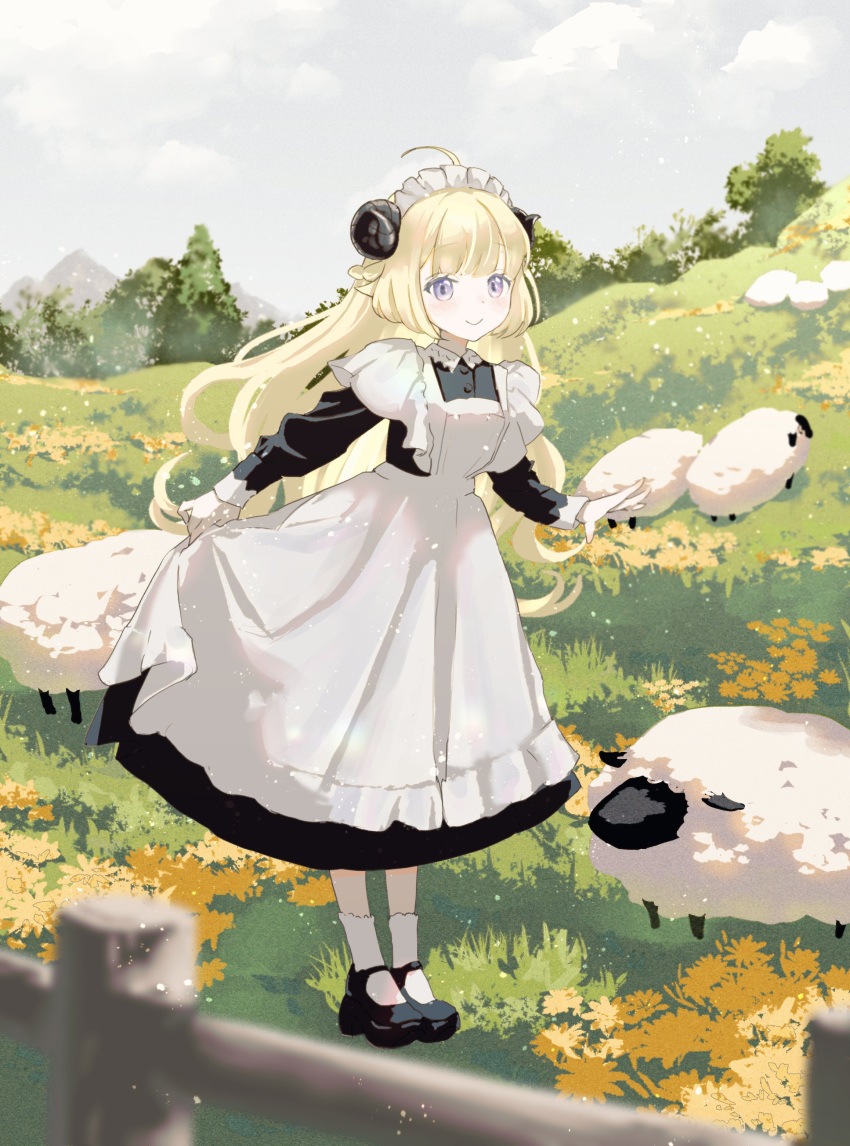 1girl, absurdres, apron, black_shoes, blonde_hair, blue_eyes, fence, full_body