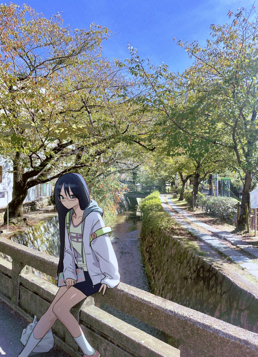 1girl, backpack, bag, blue_eyes, blue_hair, blue_sky, bridge, closed_mouth