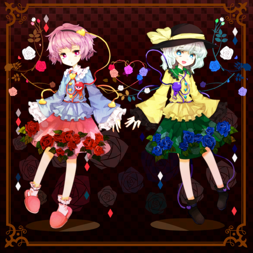 bad_id, blue_rose, eyeball, flower, hairband, hat, heart, heart-shaped_pupils