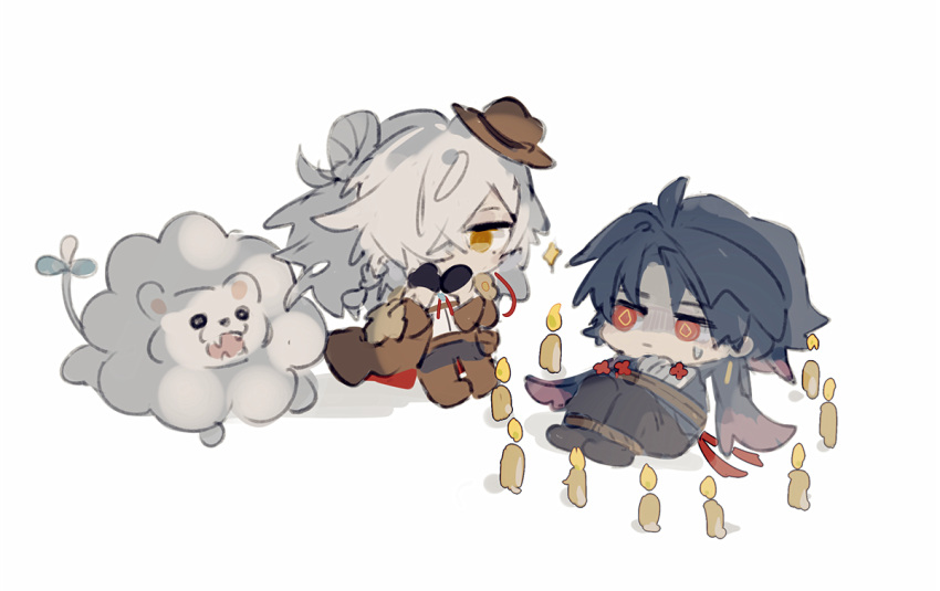 2boys, black_hair, blade_(honkai:_star_rail), candle, chibi, chibi_only, hair_ornament, hair_over_one_eye