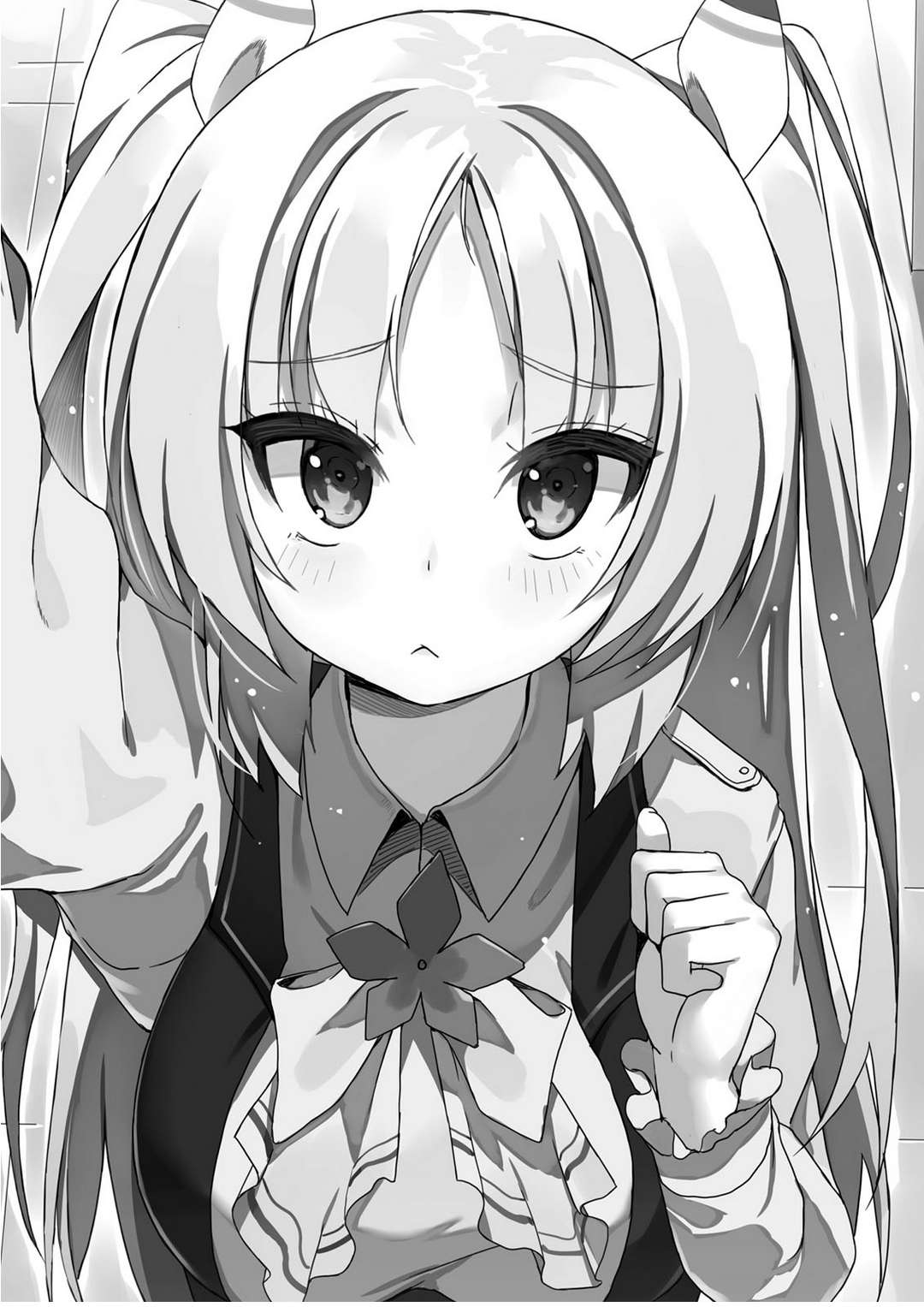 1girl, arm_up, ascot, blush, breasts, buta_koushaku, charlotte_lily_hughjack, clenched_hands