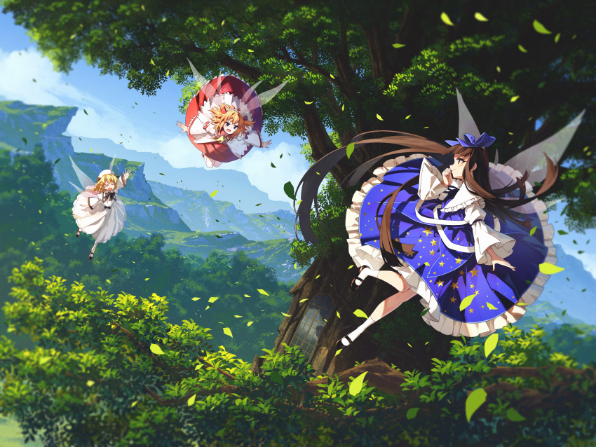 3girls, absurdres, atmospheric_perspective, banjie, black_hair, blonde_hair, blue_bow, blue_eyes