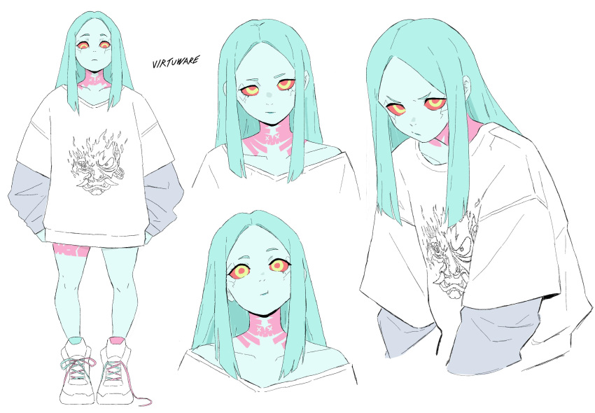 1girl, absurdres, aqua_hair, aqua_skin, collarbone, colored_sclera, colored_skin, commentary