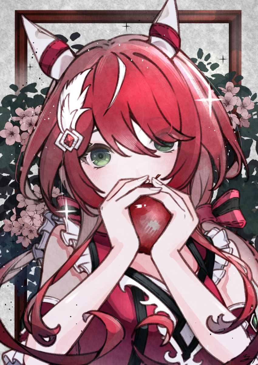 1girl, animal_ears, apple, blush, breasts, closed_mouth, dress, ear_covers