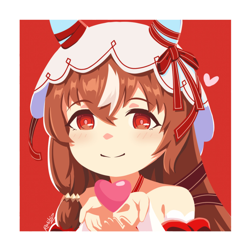 1girl, animal_ears, bare_shoulders, blush, brown_hair, closed_mouth, detached_sleeves, dress