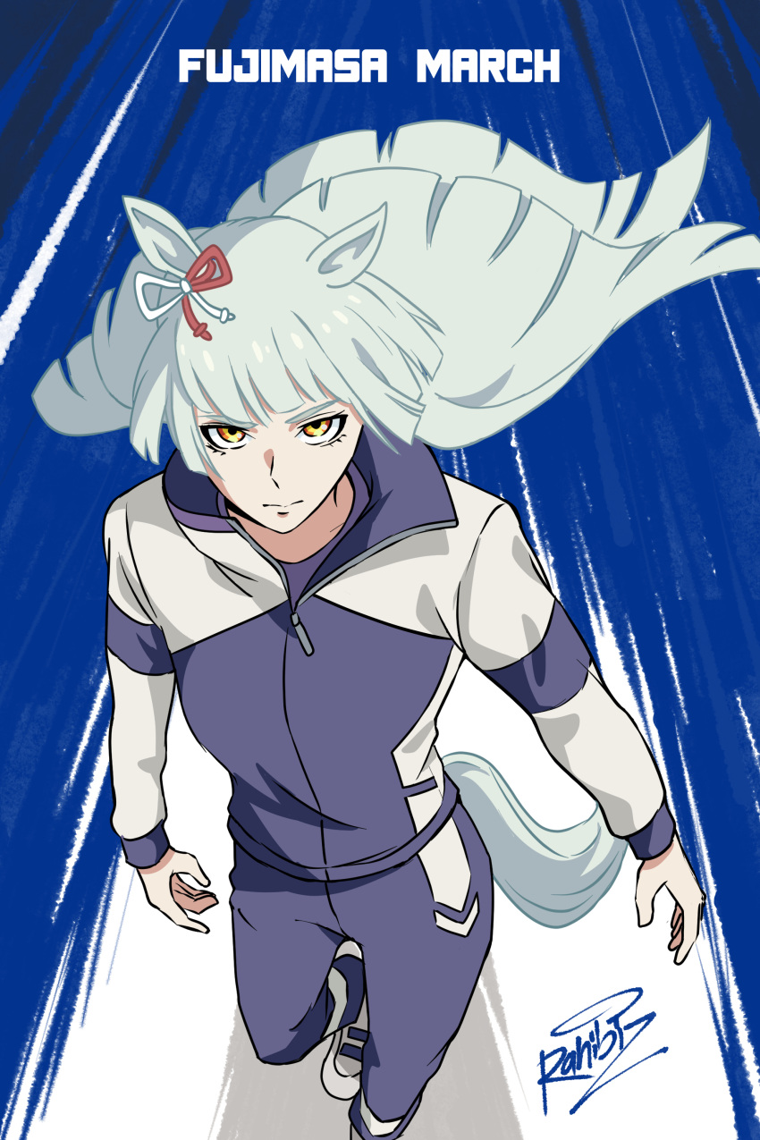 1girl, absurdres, animal_ears, closed_mouth, ear_ribbon, fujimasa_march_(umamusume), grey_hair, highres