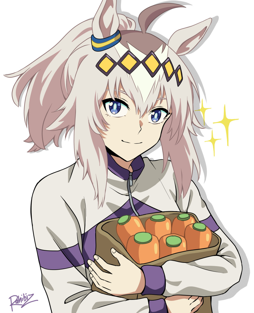 1girl, absurdres, ahoge, animal_ears, bag, blue_eyes, carrot, closed_mouth