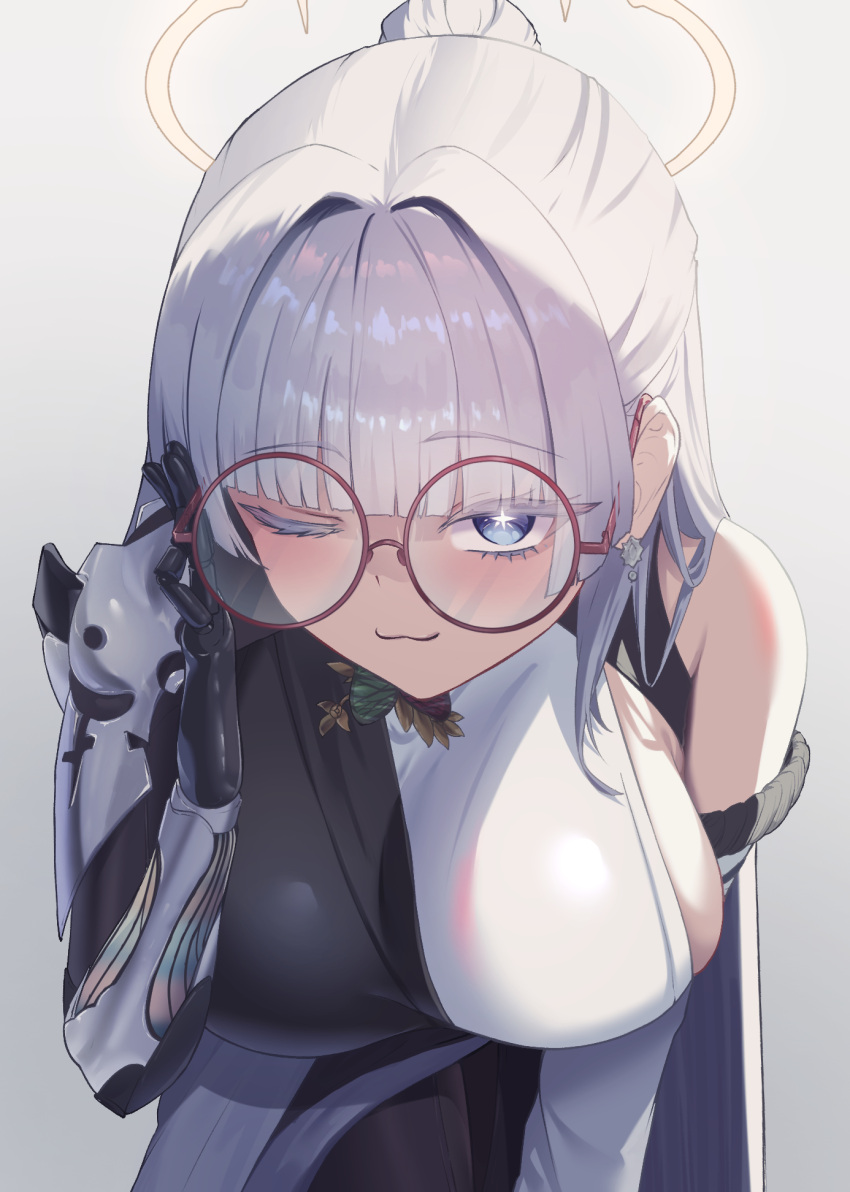 1girl, ;3, adjusting_eyewear, ars_rg0412, bracelet, breasts, colored_eyelashes, detached_sleeves, glasses, goddess_of_victory:_nikke, grey_hair, haori, highres, japanese_clothes, jewelry, large_breasts, leaning_forward, long_hair, looking_at_viewer, mechanical_arms, nayuta_(nikke), one_eye_closed, print_haori, round_eyewear, sideboob, single_mechanical_arm, smile, solo, split-color_clothes, star-shaped_pupils, star_(symbol), symbol-shaped_pupils, thick_eyelashes, very_long_hair, white_eyelashes, white_hair