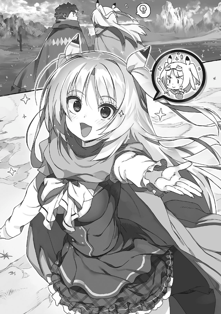 1boy, 1girl, :d, ascot, blush, breasts, buta_koushaku, charlotte_lily_hughjack, chibi, cloak, clouds, collared_shirt, cowboy_shot, fat, fat_man, from_above, greyscale, hair_ribbon, hand_up, light_bulb, long_hair, long_sleeves, medium_breasts, monochrome, nauribon, novel_illustration, official_art, open_hand, open_mouth, outdoors, outstretched_arm, plaid_clothes, plaid_skirt, pleated_skirt, ribbon, school_uniform, shirt, short_hair, skirt, sky, slow_denning, smile, speech_bubble, spoken_light_bulb, standing, third-party_source, two_side_up, very_long_hair, vest