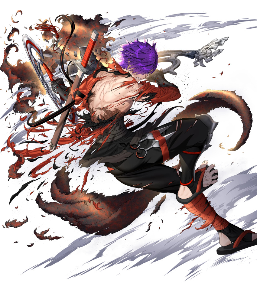 1boy, chakram, clenched_teeth, damaged, exposed_back, fire_emblem, fire_emblem:_three_houses, fire_emblem_heroes