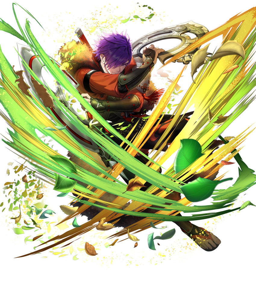 1boy, attack, chakram, crossed_arms, fire_emblem, fire_emblem:_three_houses, fire_emblem_heroes, fire_emblem_warriors:_three_hopes, fur_scarf, hair_over_one_eye, highres, japanese_clothes, leaf, male_shez_(fire_emblem), male_shez_(ninja)_(fire_emblem), ninja, non-web_source, official_alternate_costume, official_art, purple_hair, sandals, solo, violet_eyes, weapon, wind
