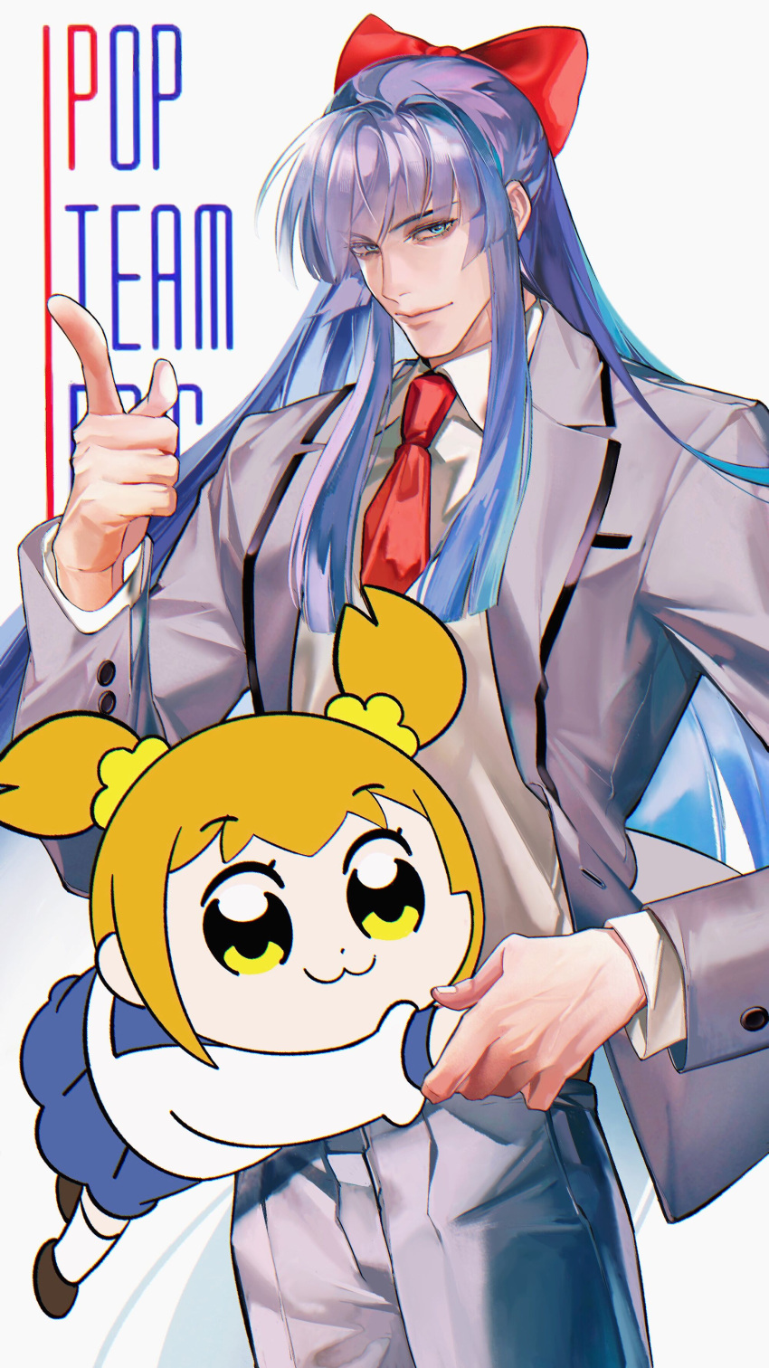 1boy, 1girl, :3, absurdres, anthonykaen, blonde_hair, blue_eyes, blue_skirt, blunt_sidelocks, bow, brown_shoes, closed_mouth, collared_shirt, copyright_name, cowboy_shot, genderswap, genderswap_(ftm), grey_jacket, grey_pants, hair_bow, hair_ornament, hair_scrunchie, highres, holding_hands, jacket, long_hair, long_sidelocks, long_sleeves, looking_at_viewer, necktie, open_clothes, open_jacket, pants, pipimi, pointing, poptepipic, popuko, purple_hair, red_bow, red_necktie, scrunchie, shirt, shoes, sidelocks, skirt, smile, socks, suit_jacket, swinging_another, twintails, very_long_hair, vest, white_background, white_shirt, white_socks, white_vest, yellow_eyes
