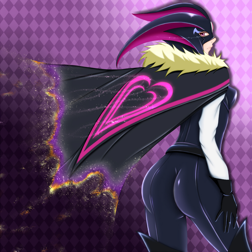 argyle, argyle_background, ass, black_gloves, bodysuit, boots, cape, checkered, checkered_background, cure_muse, cure_muse_(black), dissolving, frown, gloves, kingcat0404, leather, looking_back, magical_girl, mask, precure, purple_background, purple_eyes, serious, shiny, shiny_clothes, shirabe_ako, skin_tight, solo, suite_precure, thigh_boots, thighhighs, violet_eyes