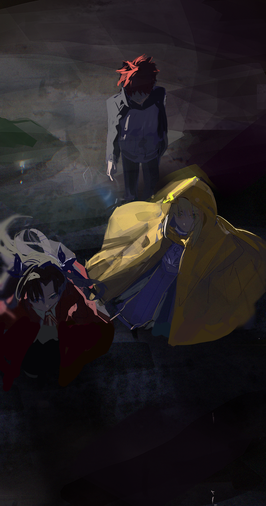 1boy, 2girls, artoria_pendragon_(fate), black_hair, black_thighhighs, blonde_hair, emiya_shirou, fate/stay_night, fate/unlimited_blade_works, fate_(series), green_eyes, highres, homurabara_academy_school_uniform, long_hair, multiple_girls, orange_hair, ribbon, saber_(fate), school_uniform, short_hair, skirt, thigh-highs, tohsaka_rin, ubwmitekure