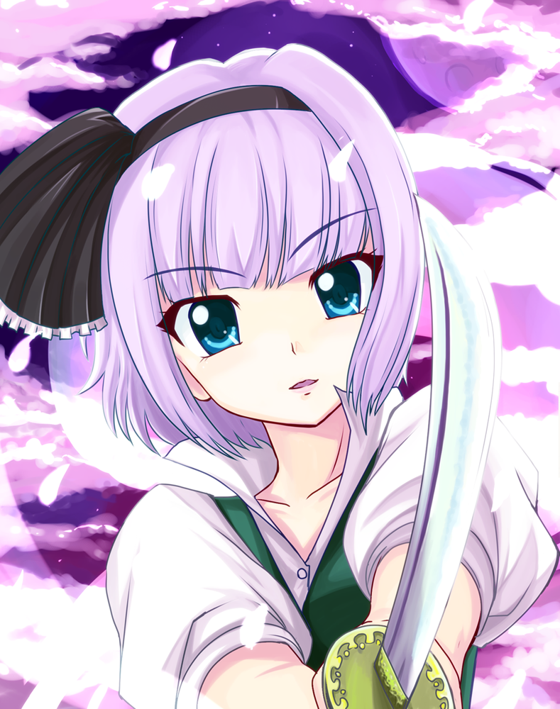 blue_eyes, cherry_blossoms, close-up, face, foreshortening, hairband, katana, konpaku_youmu