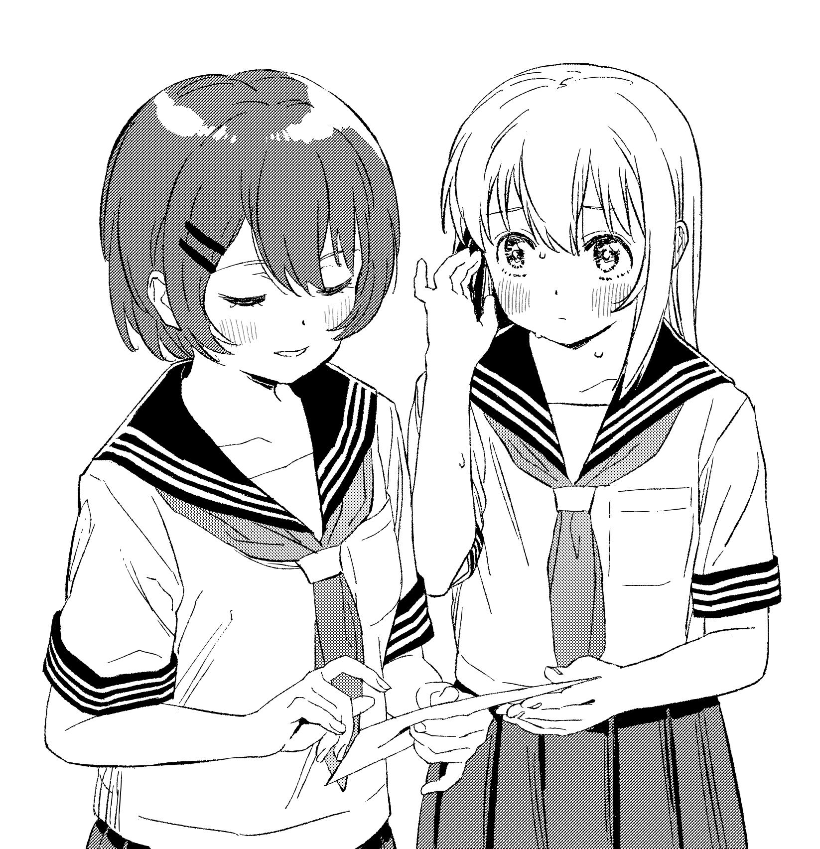 2girls, closed_eyes, collarbone, dithering, greyscale, hair_ornament, hairclip, hand_in_own_hair