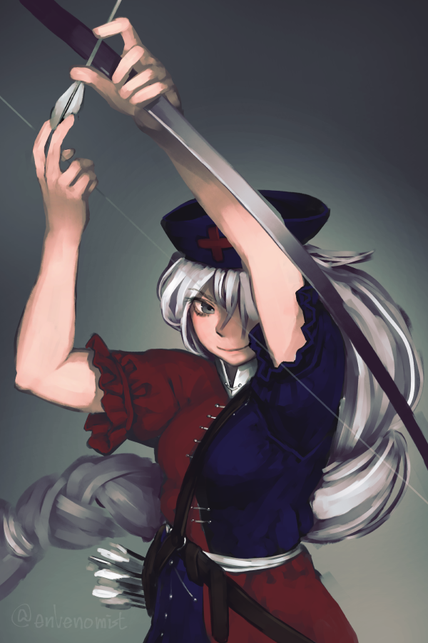 1girl, archery, arms_up, arrow_(projectile), blue_dress, blue_hat, blush, bow_(weapon)