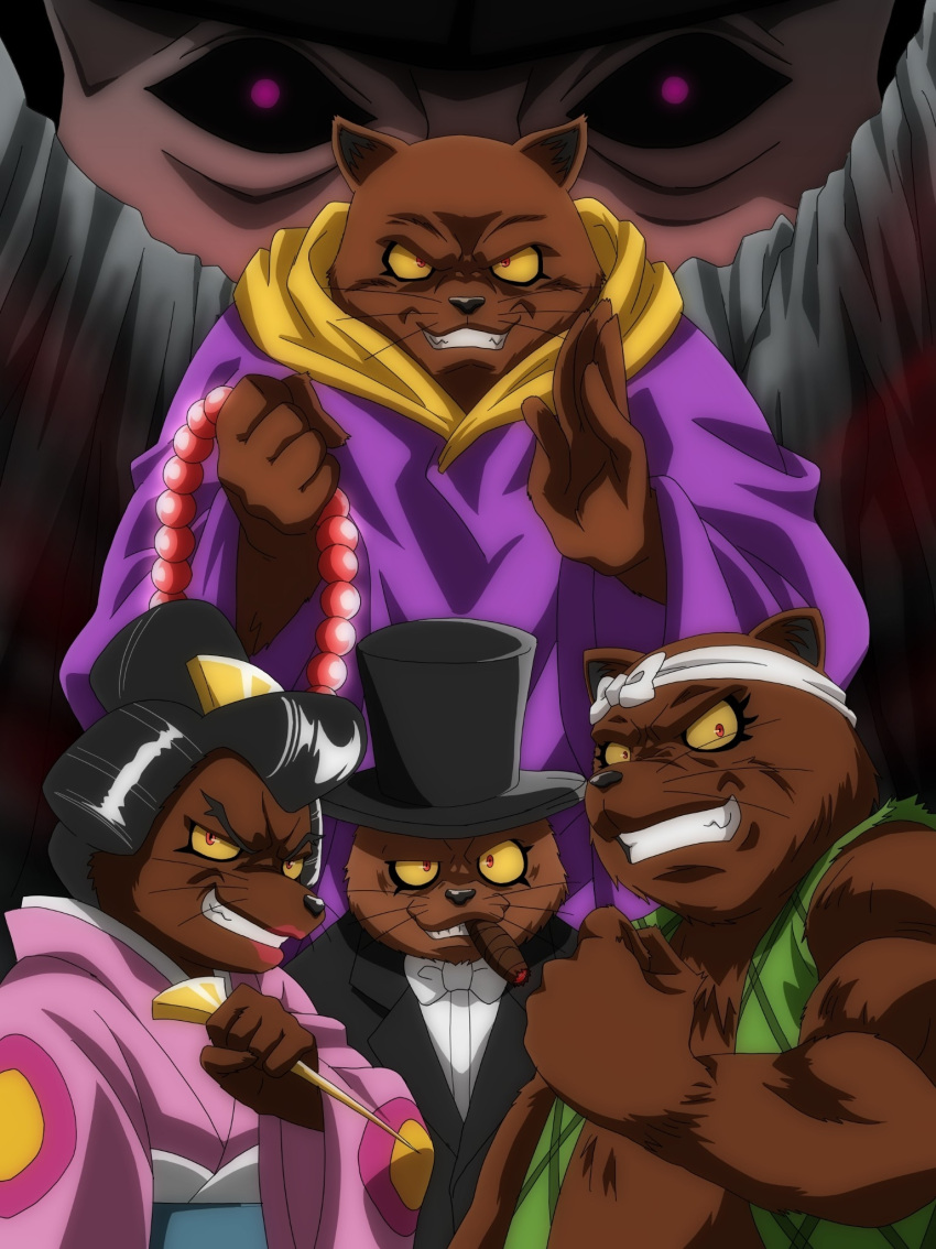 1girl, 4boys, beads, cigar, clenched_hands, colored_sclera, danichiro_(gegege_no_kitarou_6), dansaburo_(gegege_no_kitarou_6)