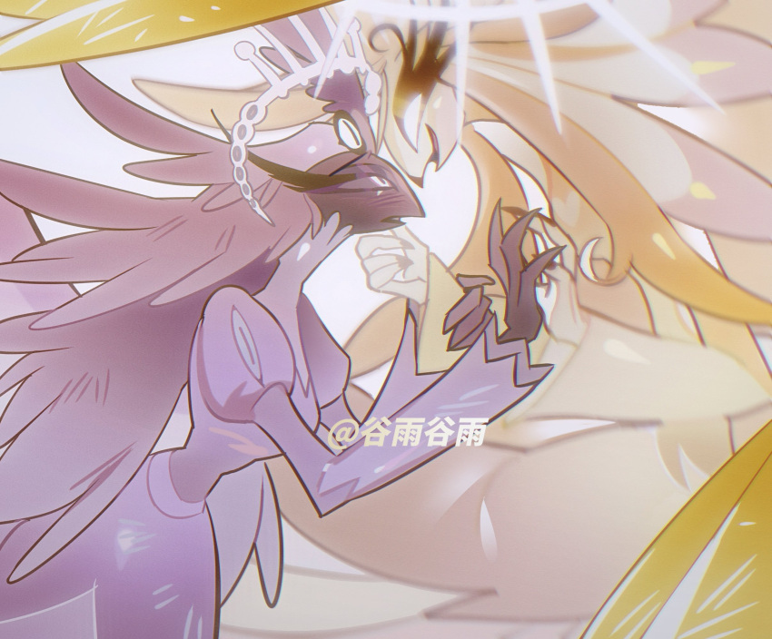 2girls, absurdly_long_hair, angel, angel_wings, beak, bird_girl, blonde_hair, dress, furry, furry_female, glowing, glowing_eyes, guyu68287625, halo, hazbin_hotel, hellaverse, highres, long_hair, multiple_girls, sera_(hazbin_hotel), speaker_of_god_(hazbin_hotel), very_long_hair, white_dress, white_hair, wings