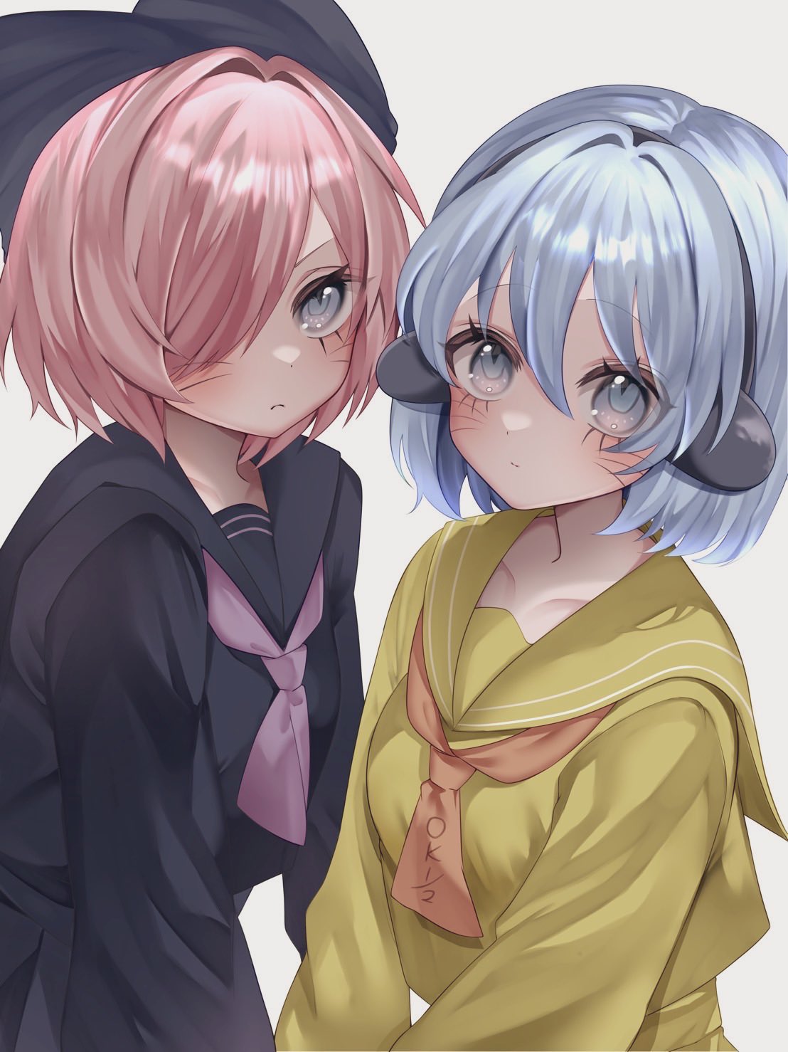 2girls, animal_ears, animal_hat, black_serafuku, blue_eyes, blue_hair, cat_hat, commentary_request