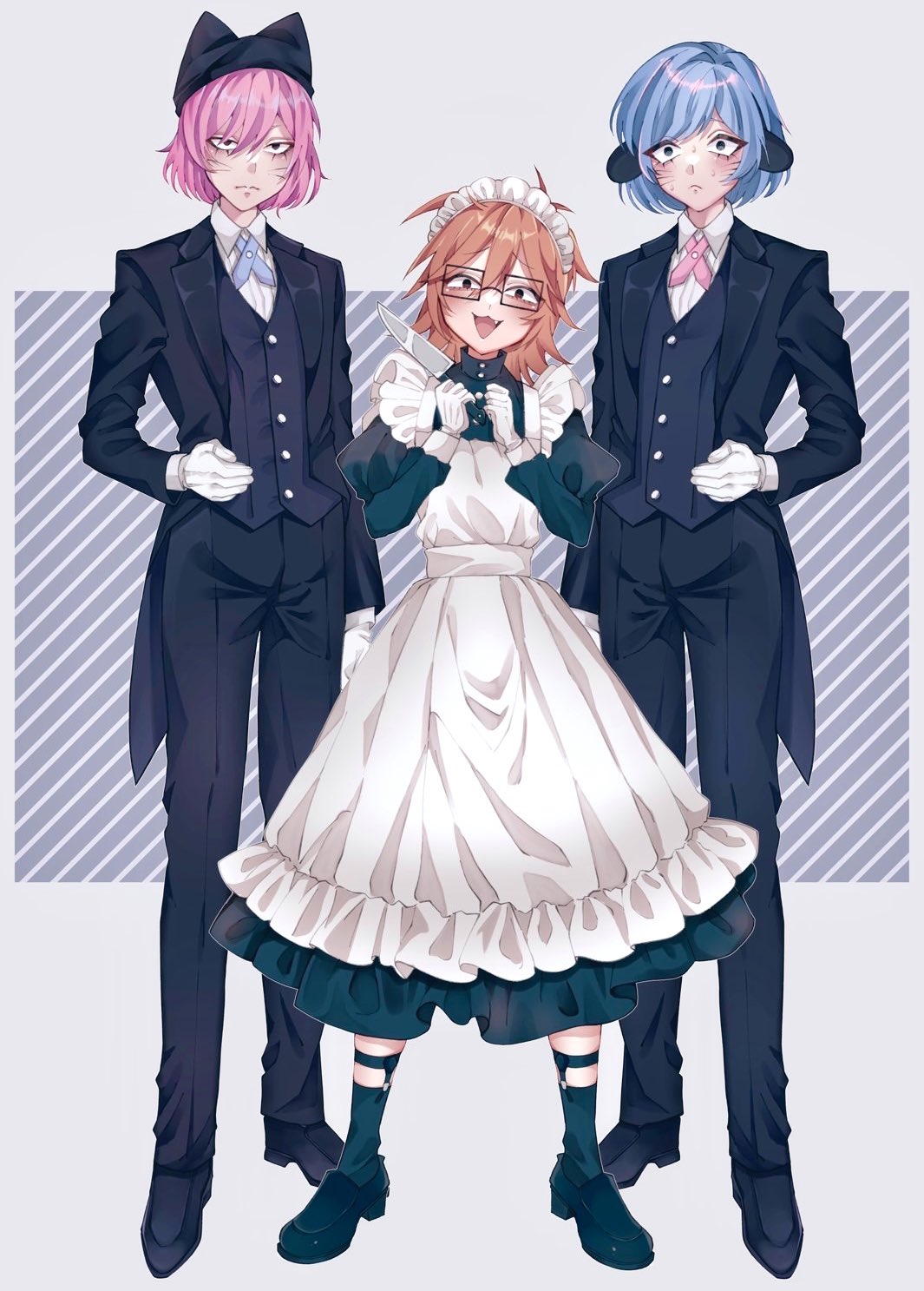3boys, animal_ears, animal_hat, apron, black_eyes, black_suit, black_vest, blue_hair