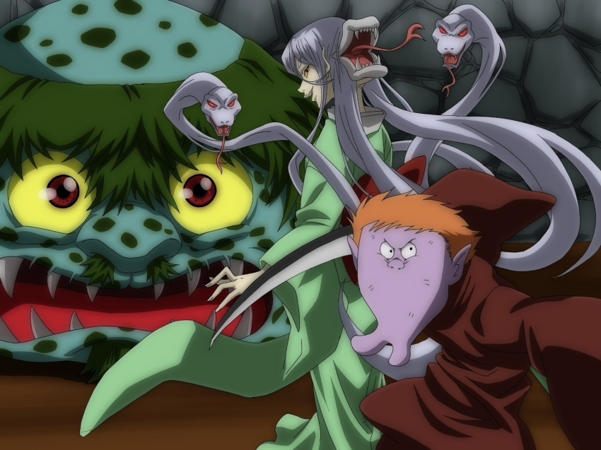 1girl, 2boys, colored_sclera, colored_skin, extra_mouth, facial_hair, forked_tongue, futakuchi-onna