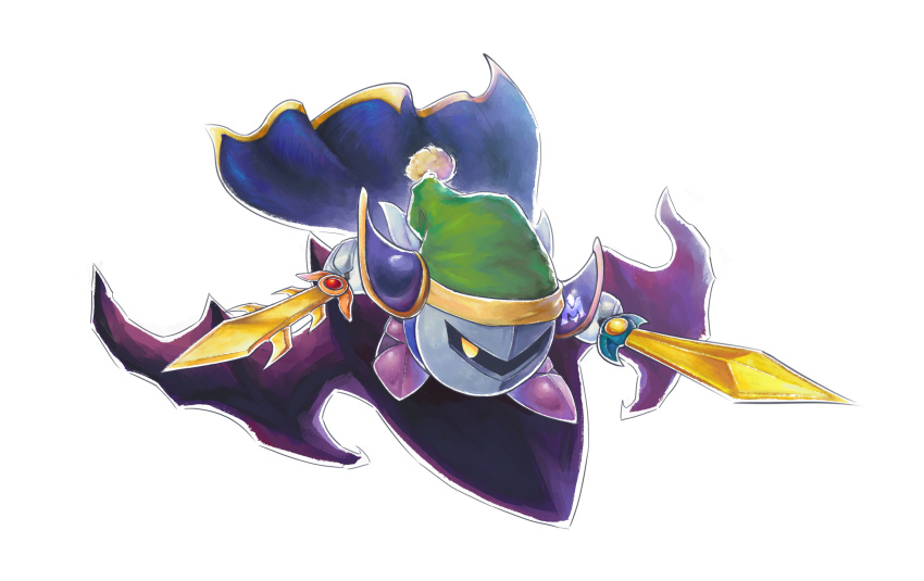 blue_cape, cape, dual_wielding, galaxia_(sword), gauntlets, gloves, green_hat, hat, highres, holding, holding_sword, holding_weapon, kirby_(series), kirby_air_ride, kirby_air_riders, mask, meta_knight, metal_mask, no_humans, pom_pom_(clothes), purple_shoes, shadow_star, shibulio, shoes, shoulder_pads, solo, sword, weapon, white_background, white_gloves, yellow_eyes