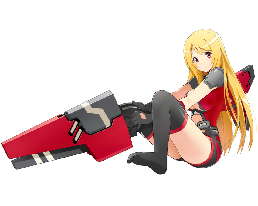 blonde_hair, breasts, cleavage, cosmic_break, crimrose, dressing, feet, footwear, gloves, large_breasts, legs, long_hair, mecha_musume, official_art, open_mouth, red_eyes, sitting, socks, solo, thigh-highs, thighhighs, thighs, undressing, wakaba