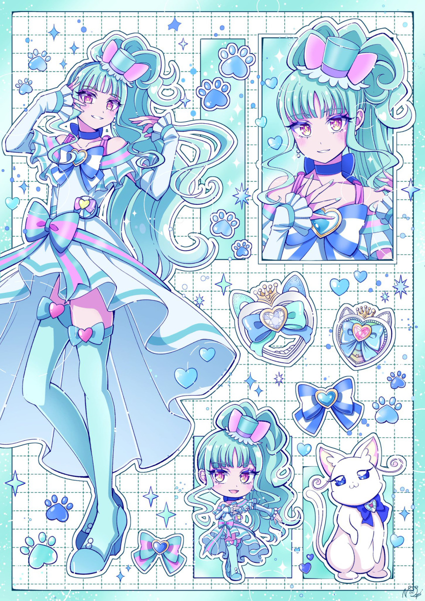 1girl, animal_ears, aqua_hair, aqua_thighhighs, bow, bowtie, cat, chibi