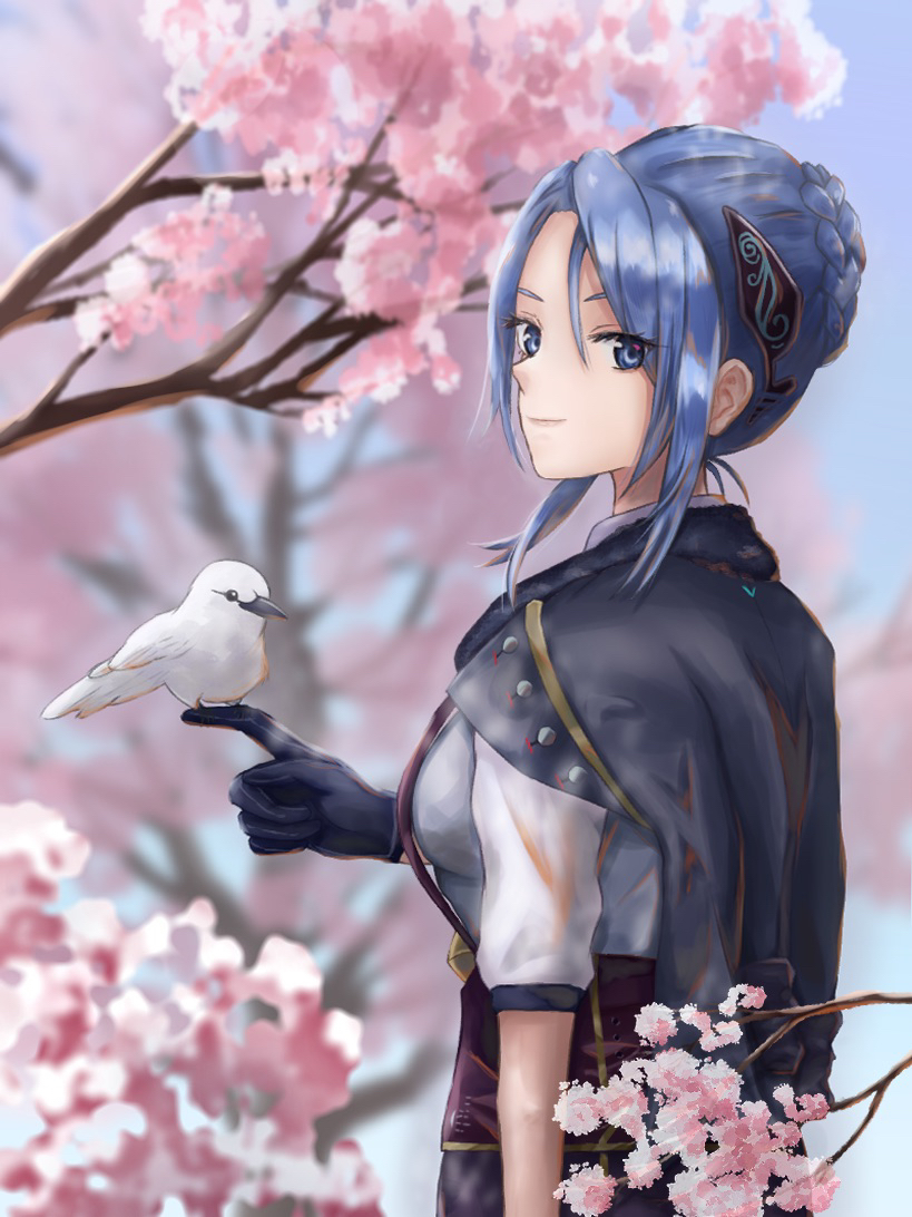 1girl, bird, bird_on_hand, black_gloves, blue_eyes, blue_hair, blurry, blurry_background