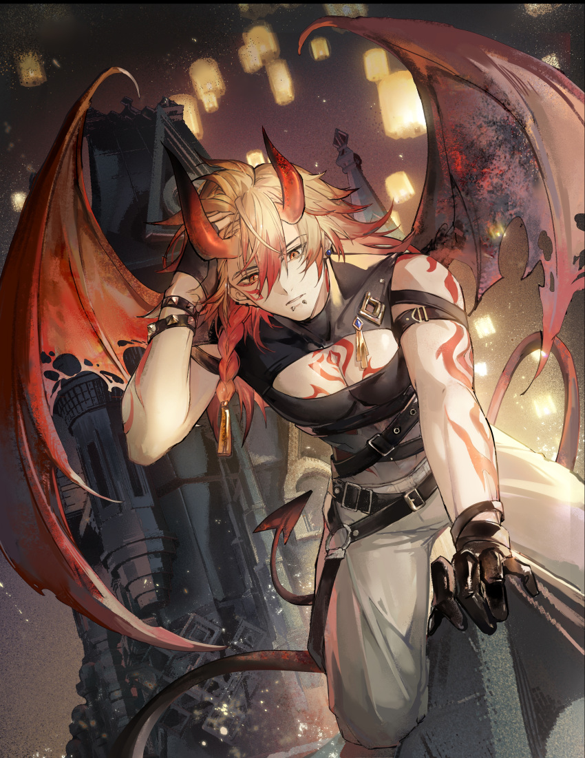 1boy, absurdres, arm_tattoo, black_gloves, blonde_hair, braid, chest_tattoo, chinese_commentary, cleavage_cutout, clothing_cutout, commentary_request, demon_horns, demon_wings, facial_tattoo, gloves, gradient_hair, halloween_costume, highres, honkai:_star_rail, honkai_(series), horns, lv_zhu_xuan, male_focus, medium_hair, multicolored_hair, mydei_(honkai:_star_rail), pants, red_hair, red_tattoo, side_braid, sleeveless, solo, tattoo, white_pants, wings, yellow_eyes