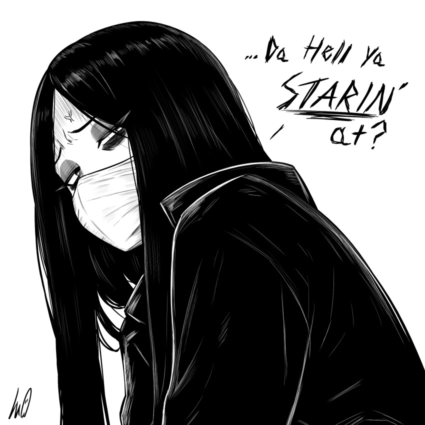 1girl, anger_vein, commentary, english_commentary, english_text, eyeshadow, from_side, greyscale