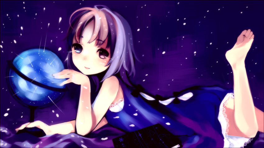 bad_id, barefoot, dress, feet, heterochromia, highres, lying, multicolored_hair