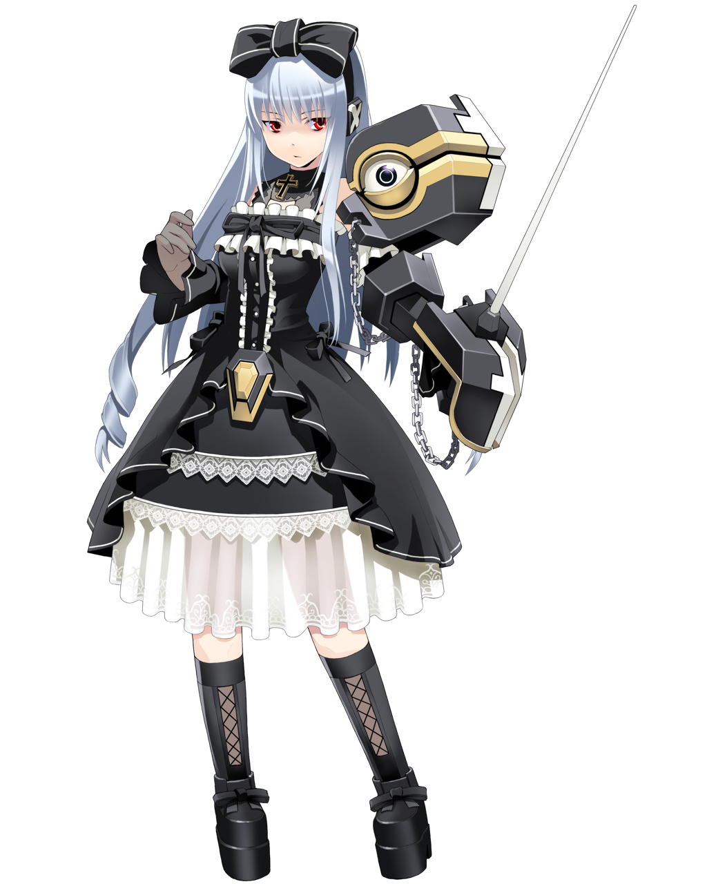 chain, chains, cosmic_break, cross, detached_sleeves, eyes, fighting_stance, frills