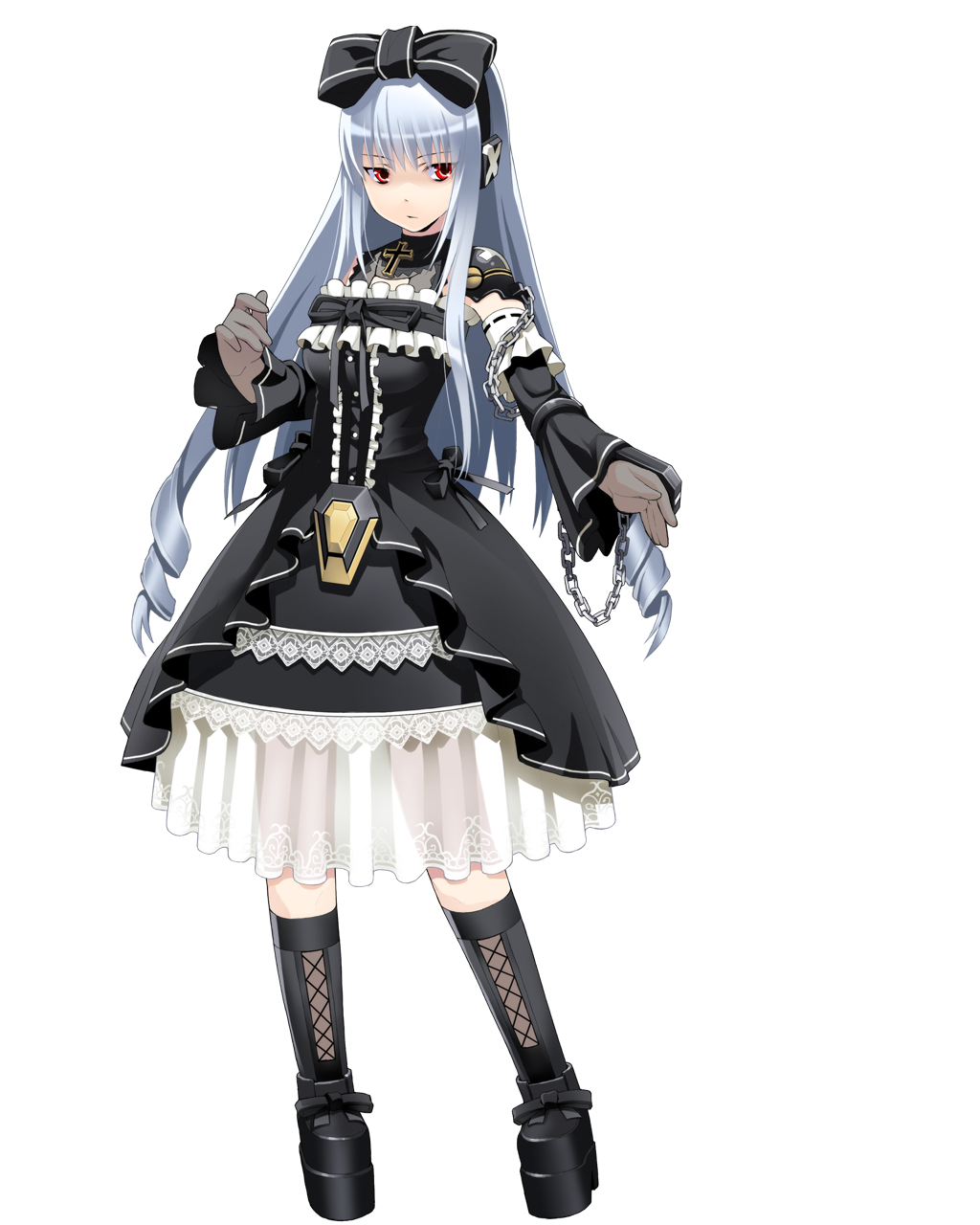 chain, chains, cosmic_break, cross, detached_sleeves, fighting_stance, frills, gloves