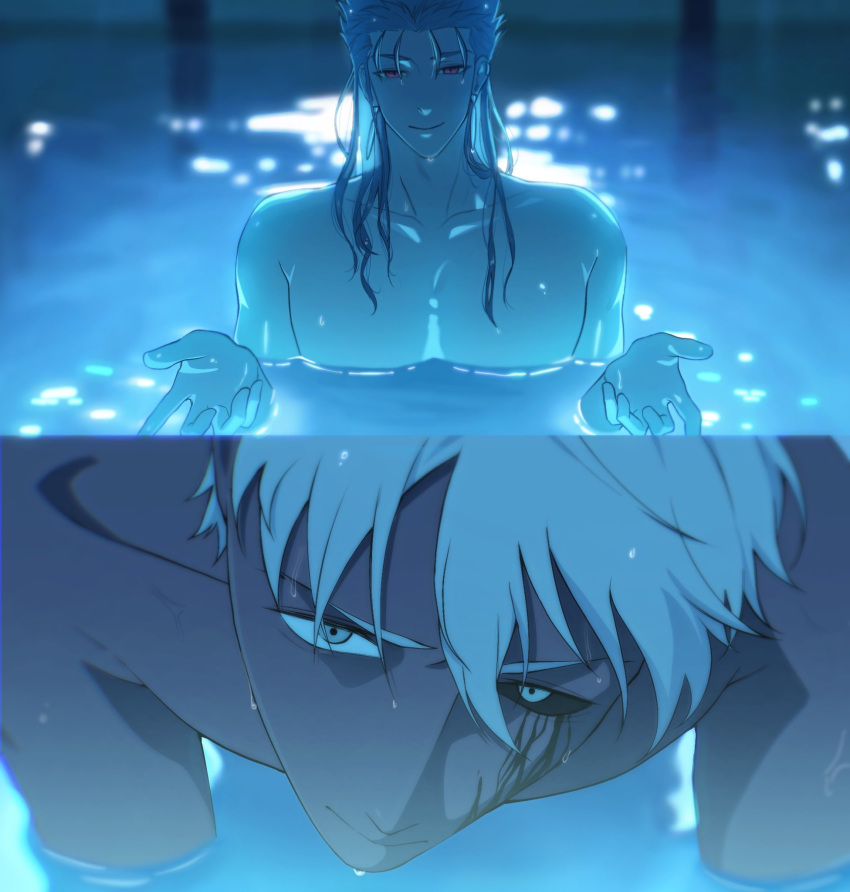2boys, archer_(fate), archer_alter_(fate), black_sclera, blue_hair, ccinnamonka, chainsaw_man, colored_sclera