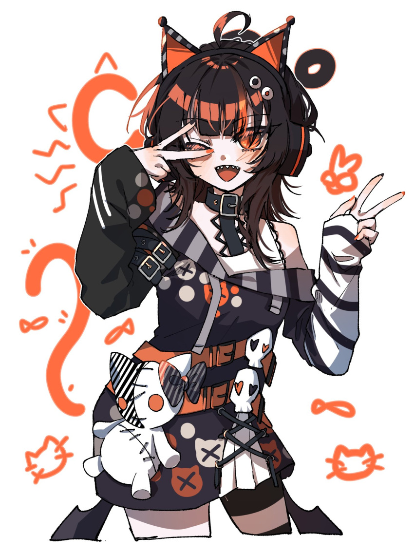 1girl, ;d, ahoge, animal_ear_headphones, animal_ears, belt, black_belt, black_collar, black_hair, cat_ear_headphones, cat_ears, collar, cropped_legs, drawn_tail, fake_animal_ears, headphones, highres, kimburgertwo, long_hair, long_sleeves, looking_at_viewer, mahou_shoujo_no_majo_saiban, multicolored_hair, nail_polish, one_eye_closed, open_mouth, orange_eyes, sawatari_coco, sharp_teeth, skull, smile, solo, standing, streaked_hair, stuffed_animal, stuffed_cat, stuffed_toy, teeth, v, v_over_eye, w, white_background