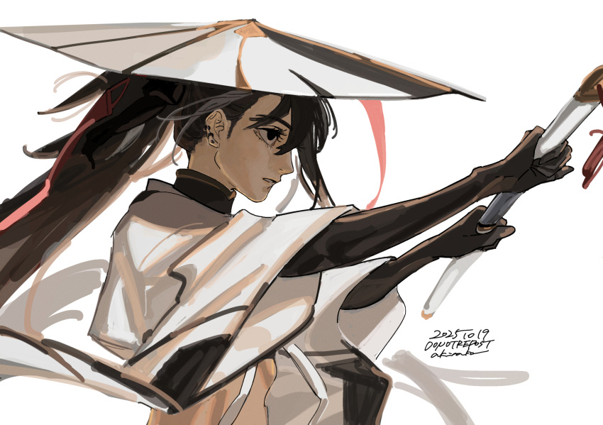 1girl, akiraka_(n_l_m_g), black_eyes, black_gloves, brown_hair, drawing_sword, earrings, fate/grand_order