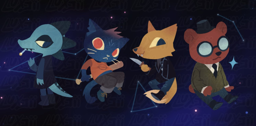 2boys, 2girls, angus_delaney, baseball_bat, bea_santello, bear_boy, black_dress, black_fur