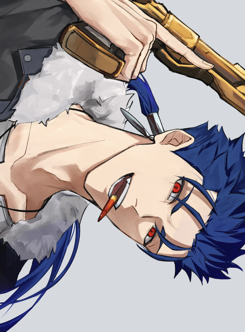 1boy, blue_hair, bullet_in_mouth, cu_chulainn_(fate), cu_chulainn_(honkai:_star_rail)_(fate), cu_chulainn_(lancer)_(fate), earrings, fate/stay_night