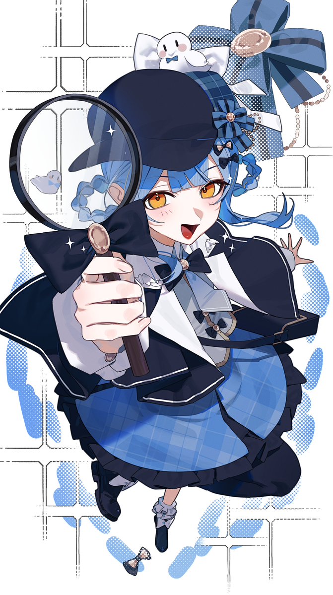 1girl, :d, arm_up, black_capelet, black_hat, black_pantyhose, blue_hair, blue_skirt