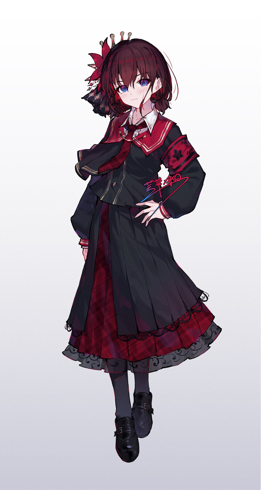 1girl, absurdres, armband, black_pantyhose, black_shirt, black_shoes, black_skirt, blue_eyes