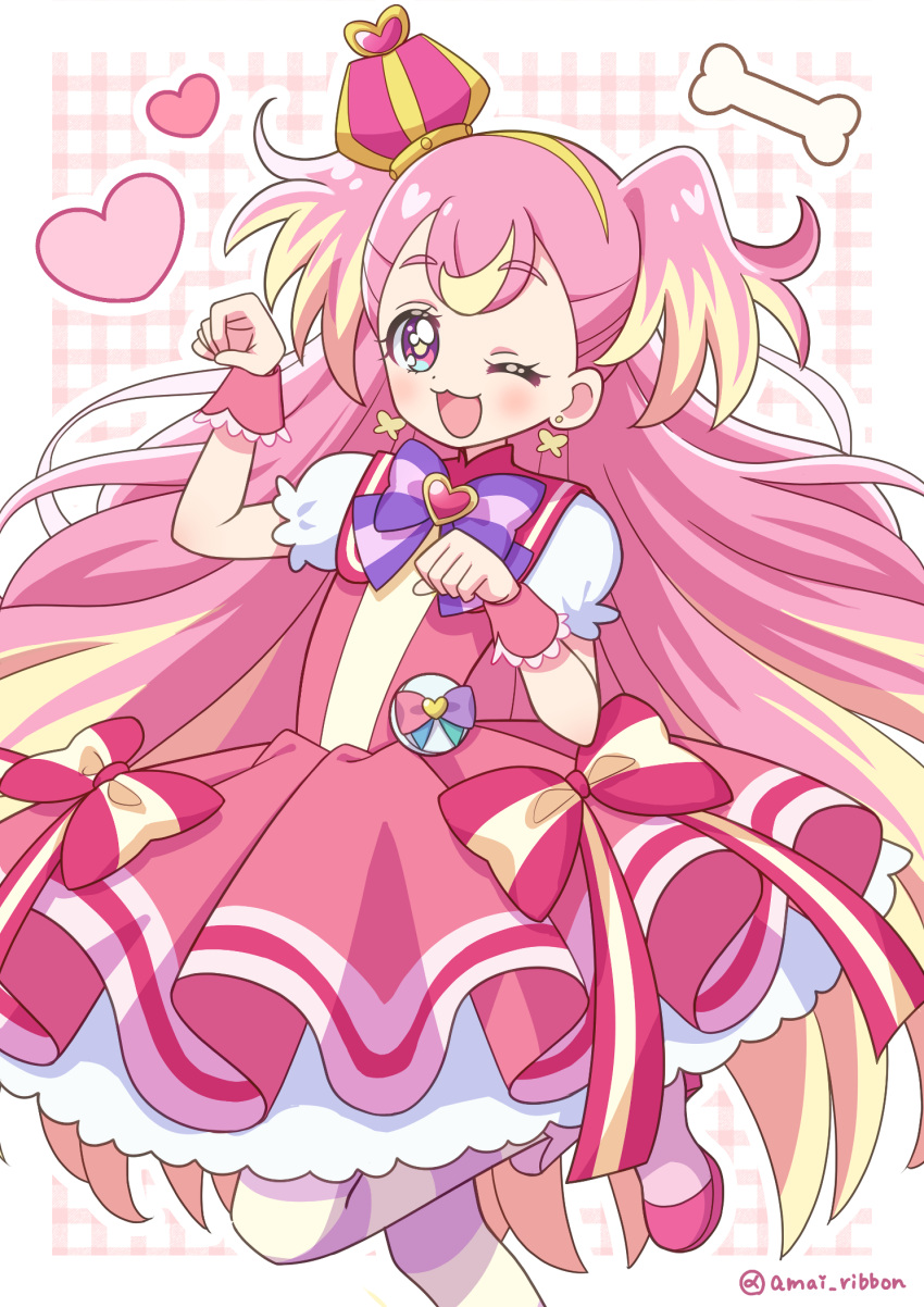 1girl, ;3, ;d, amai_ribbon, arched_crown, arms_up, blonde_hair, blush
