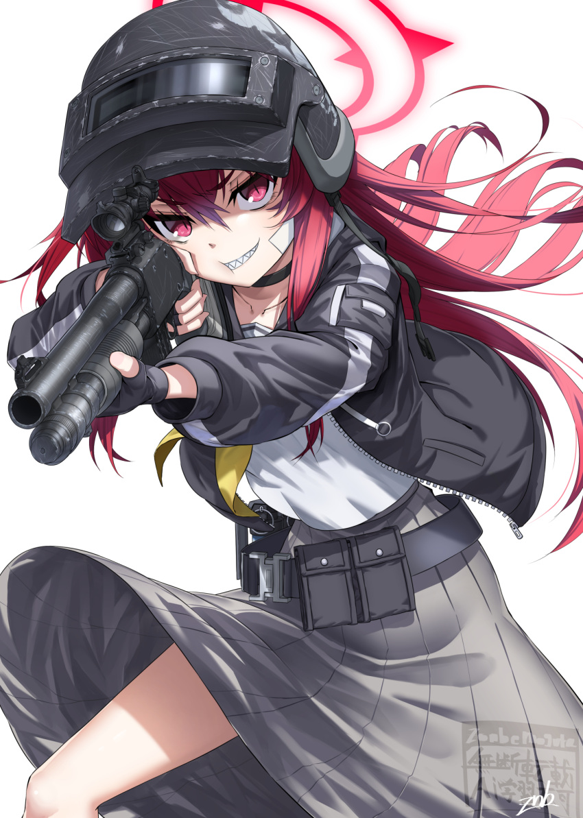 1girl, aiming, altyn_helmet, belt, belt_pouch, black_belt, black_choker, black_gloves
