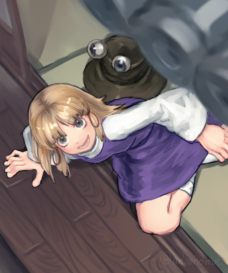 1girl, :d, blonde_hair, brown_hat, commentary_request, envenomist_(gengoroumaru), grey_eyes, hair_ribbon