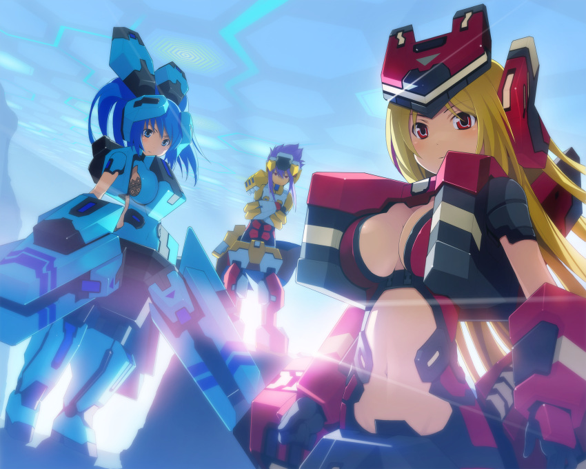 5:4, armor, blonde_hair, blue_eyes, blue_hair, breasts, cosmic_break, crimrose, crossed_arms, highres, jikun_hu, lens_flare, lily_rain, long_hair, mecha_musume, multiple_girls, official_art, purple_hair, red_eyes, twintails, wakaba, wallpaper