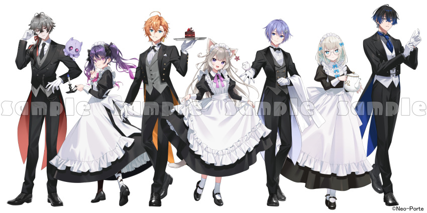 3girls, 4boys, :d, adjusting_clothes, adjusting_eyewear, adjusting_gloves, ahoge, alternate_costume