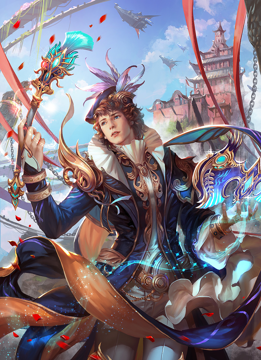 1boy, aircraft, airship, blue_coat, blue_eyes, blue_hat, blue_sky, brown_hair