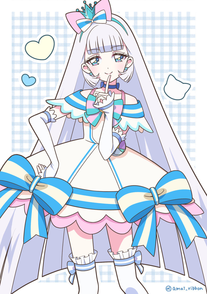 1girl, amai_ribbon, animal_ear_hairband, animal_ears, aqua_bow, arm_warmers, bare_shoulders, blue_background, blue_bow, blue_choker, blue_crown, blue_eyes, blue_hairband, blunt_bangs, blunt_ends, blush, border, bow, bow_hairband, bright_pupils, brooch, cat_ear_hairband, cat_ears, chest_bow, choker, closed_mouth, collarbone, colored_petticoat, commentary, cowboy_shot, crown, crown_earrings, cure_nyammy, dress, dress_bow, earrings, fake_animal_ears, frilled_arm_warmers, frilled_dress, frilled_thighhighs, frills, hairband, hand_on_own_chin, hand_on_own_hip, hand_up, heart, heart_brooch, highres, index_finger_raised, jewelry, legs_apart, lips, long_hair, looking_at_viewer, magical_girl, medium_dress, mini_crown, monkey_ears, monkey_girl, multicolored_bow, nekoyashiki_yuki, off-shoulder_dress, off_shoulder, outline, outside_border, pact_holder, petticoat, pink_lips, plaid_background, pouch, precure, princess, queen, shiny_cats_pact, smile, solo, standing, straight_hair, striped_bow, thigh-highs, tilted_headwear, twitter_username, very_long_hair, white_arm_warmers, white_border, white_bow, white_dress, white_hair, white_outline, white_thighhighs, wonderful_precure!, yellow_pupils, zettai_ryouiki